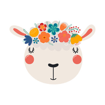 Cute funny sheep face in flower crown, floral wreath cartoon character illustration. Hand drawn Scandinavian style flat design, isolated vector. Kids print element, summer blooms, blossoms