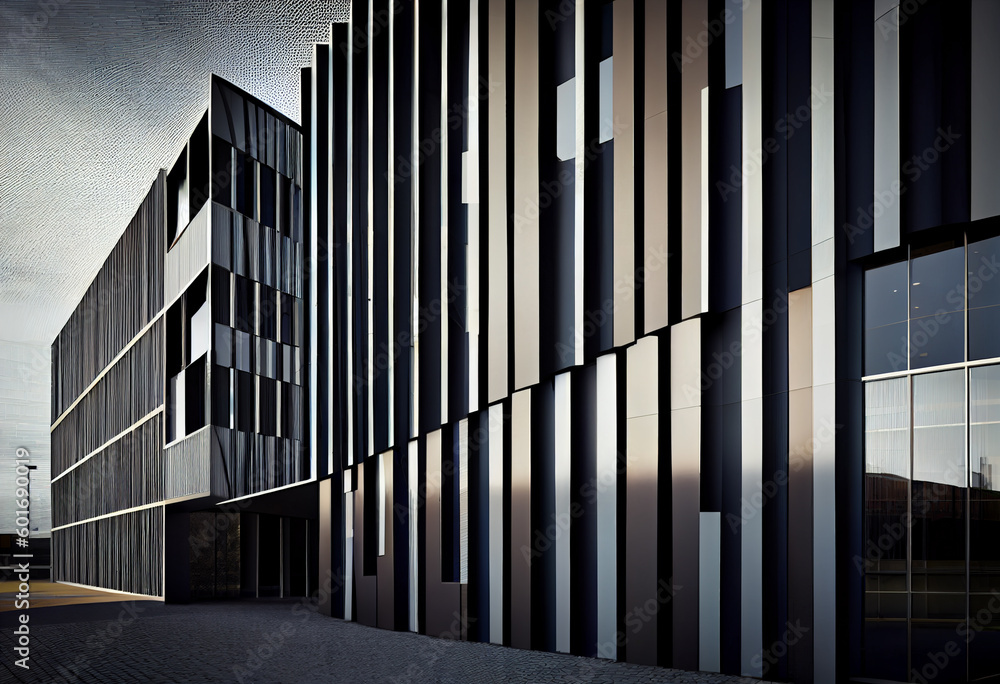 Poster a sleek and modern glass building with a reflective exterior, featuring minimalist lines and a disti