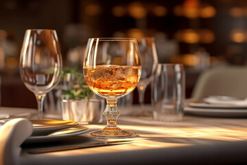 restaurant setting with wine glasses and plates. Generative Ai