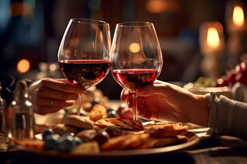 Obraz premium two people toasting with wine glasses at a table. Generative Ai