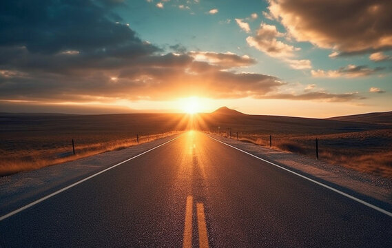 AI generative. Road leading into a sunset