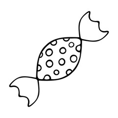 Candy. Sketch. Caramel in a wrapper with a pattern of circles. Vector illustration. Outline on isolated background. Doodle style. Coloring book for children. Delicious lollipop. Idea for web design.