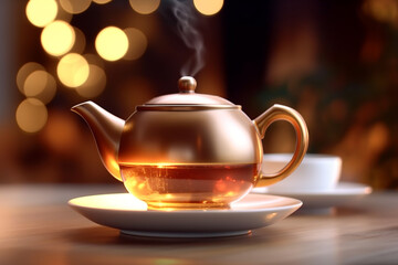 teapot with a golden lid sits on a table with a white plate and a white plate with a gold rim. Generative Ai