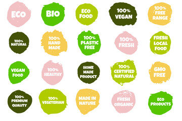 eco, bio, organic and natural products sticker, label, badge and logo. ecology icon. logo template with green leaves for organic and eco friendly products. vector illustration	