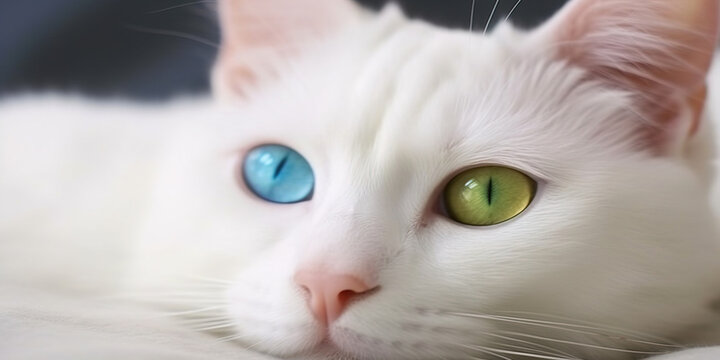 White cat with different color eyes. Turkish angora. Van kitten with blue and green eye lies on white bed. Adorable domestic pets, heterochromia. Ai