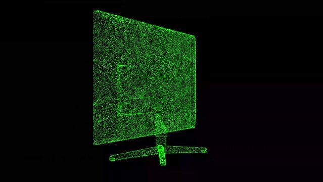 3D TV set monitor display rotates on black background. Object made of shimmering particles. For title, text, presentation. 3d animation 60 FPS