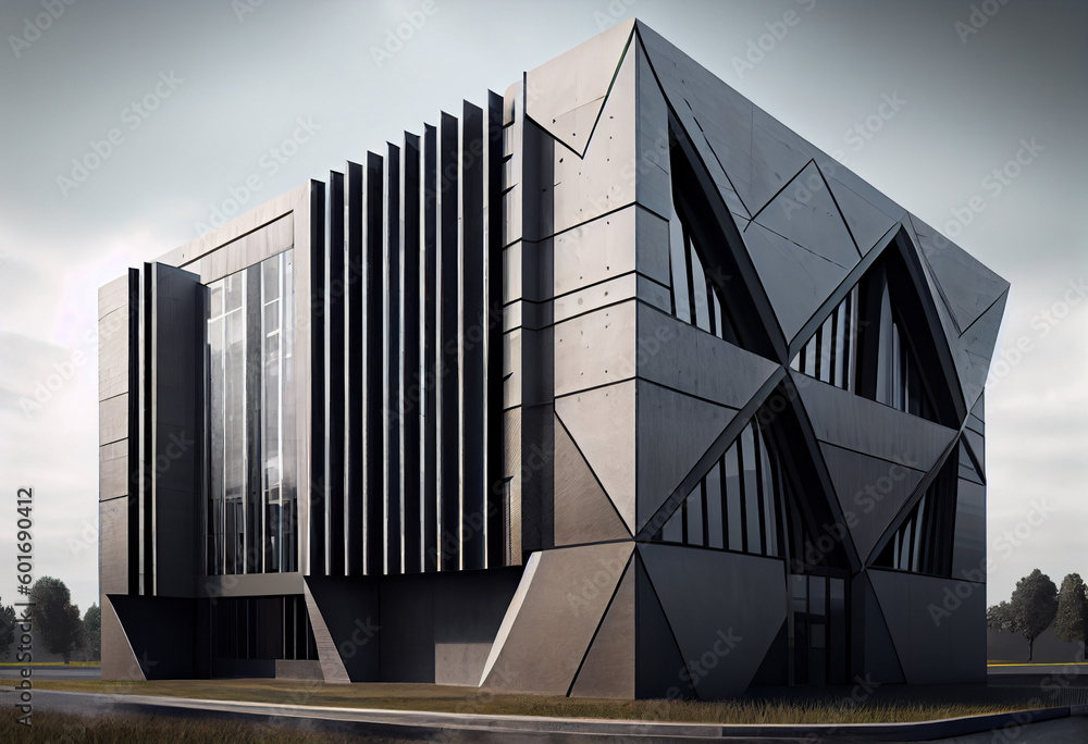 Poster an innovative office building with a facade made of a high-tech material that changes color througho