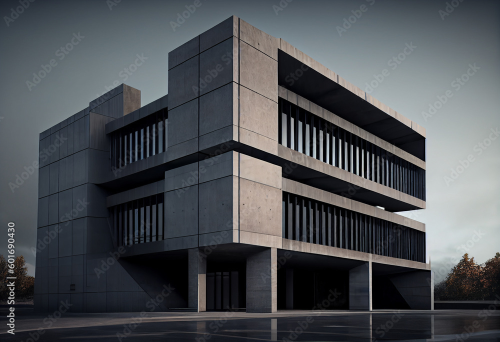 Poster an innovative office building with a facade made of a high-tech material that changes color througho