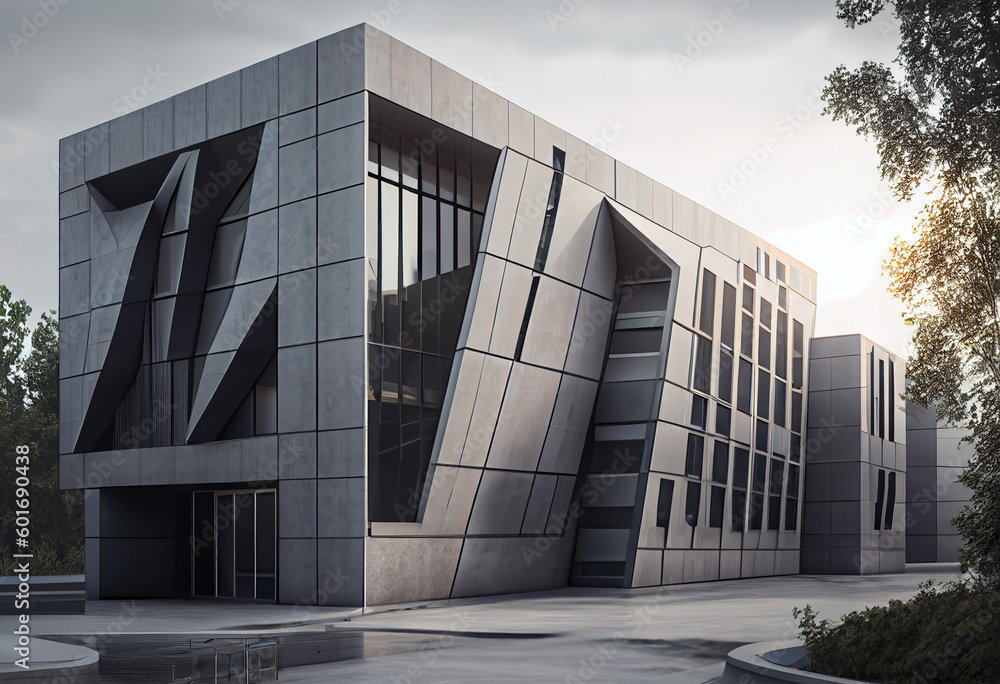 Poster an innovative office building with a facade made of a high-tech material that changes color througho