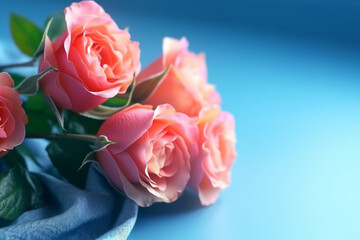 Fototapeta na wymiar pink roses that are on a blue cloth. Generative Ai