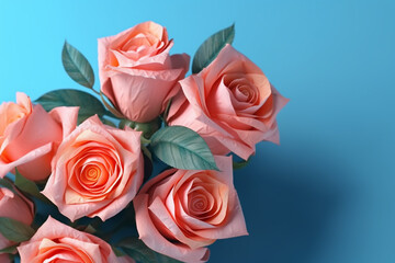 pink roses in a vase on a blue surface. Generative Ai