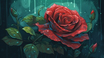 Róża 2d na niebieskim tle w deszczu