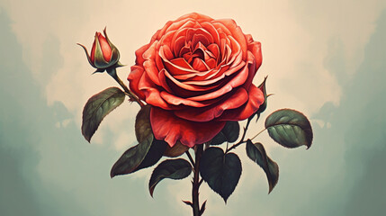 Róża, ilustracja 2d, piękna czerwona róża - obrazy, fototapety, plakaty