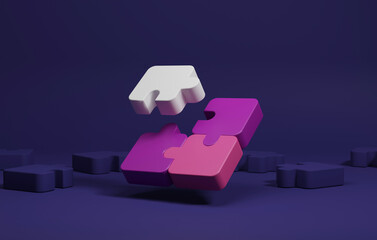 Connection together puzzle pieces on a purple background