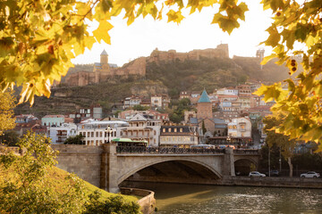 View of Metekhi Bridge and Narikala fortress, Autumn Tbilisi, Georgia