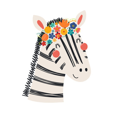 Cute funny zebra face in flower crown, floral wreath cartoon character illustration. Hand drawn Scandinavian style flat design, isolated vector. Kids print element, summer blooms, blossoms