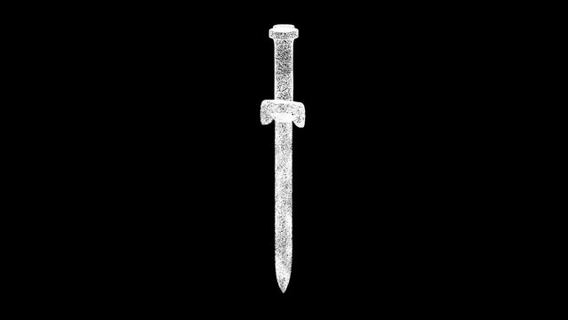 3D sword rotates on black background. Object made of shimmering particles. History concept. For title, text, presentation. 3d animation 60 FPS