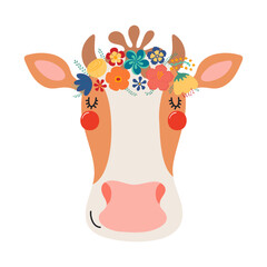 Cute funny cow face in flower crown, floral wreath cartoon character illustration. Hand drawn Scandinavian style flat design, isolated vector. Kids print element, summer blooms, blossoms