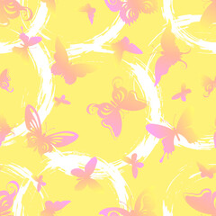 Fototapeta na wymiar Seamless pattern with pink butterflies on a yellow background.