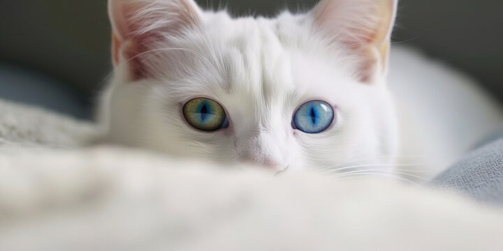 White cat with different color eyes. Turkish angora. Van kitten with blue and green eye lies on white bed. Adorable domestic pets, heterochromia. Ai