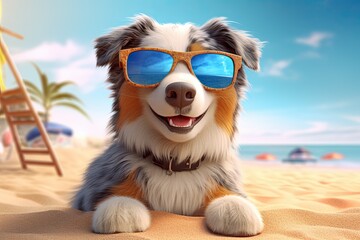 Cute Summer Dog on the Beach Wearing Sunglasses (Generative AI)