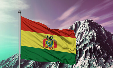 Bolivia national flag cloth fabric waving on beautiful sky mountain Background.