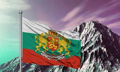 Bulgaria national flag cloth fabric waving on beautiful sky mountain Background.