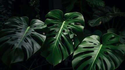 Fototapeta na wymiar Monstera Leaves on Black Background Generative AI