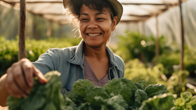 A female gardener in a jumpsuit is busy picking greens in the greenhouse. Generative AI