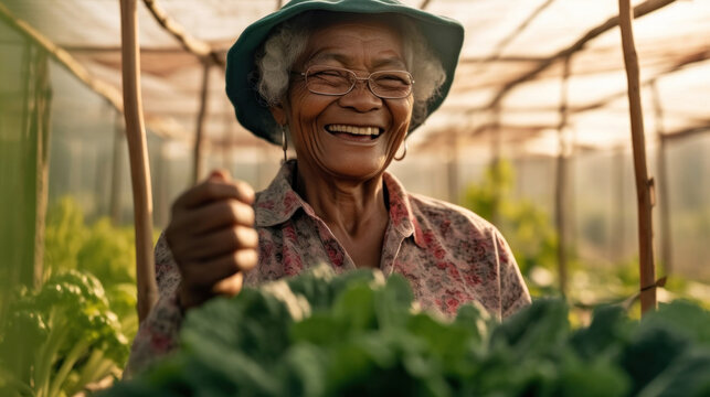 Senior afro woman harvests fresh produce in her greenhouse. Generative AI