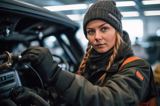 A woman is working on a car in a garage created with Generative AI technology