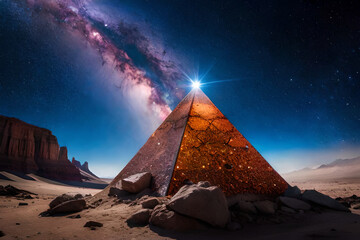 Fototapeta na wymiar surreal giant cosmic crystal pyramid , outer space world, galaxy nebula sky and epic iridescent light