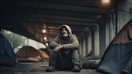 Lonely homeless man living under bridge in tent, dirty tramp was deceived by fraudsters estate agents and lost his housing, sad homeless vagrant man lives on street in tent, generative AI - obrazy, fototapety, plakaty
