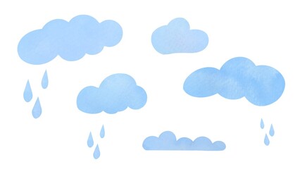 Watercolor blue Clouds set. Hand drawn baby illustration of sky on white isolated background. Prints for fabrics, scrapbooking and paper for children