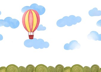 Watercolor Hand drawn illustration of hot air balloons flying in clouds for wallpapers, postcards. fun journey through sky above earth and forest. hot air balloon festival active leisure