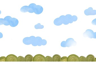 Obraz premium watercolor children's card with blue clouds, green grass and forest. delicate light wallpaper in the nursery, kindergarten. seamless pattern for print design for gift wrapping, fabrics