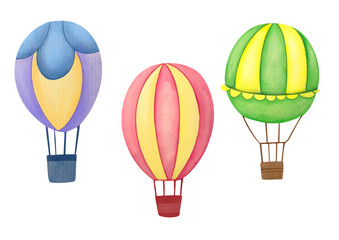 Obraz premium cute, colorful air balloons, kids Cartoon watercolor illustration, room decor, sticker hot air balloon festival. Vintage collection of old Aircraft with basket. Hand drawn print for Children 