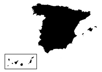 Icono del mapa del territorio español en negro. Península, Islas Canarias, Islas Baleares, Ceuta y Melilla. España