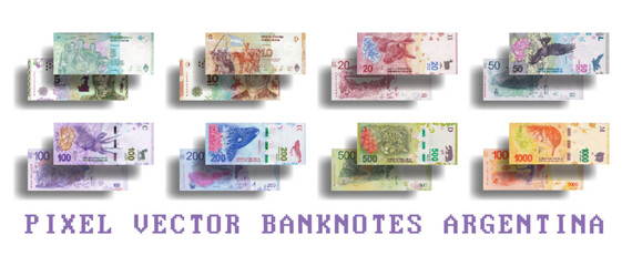 Vector set of pixel mosaic banknotes. Bills in denominations of 5, 10, 20, 50, 100, 200, 500 and 1000 Argentine pesos.