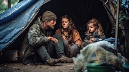 Lonely homeless family living under bridge in tent, dirty tramps was deceived by fraudsters estate agents and lost his housing, sad homeless vagrant family lives on street in tent, generative AI - obrazy, fototapety, plakaty