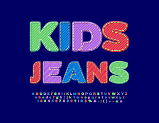 Vector advertising Sign Kids Jeans. Modern colorful Font. Denim textured Alphabet Letters, Numbers and Symbols