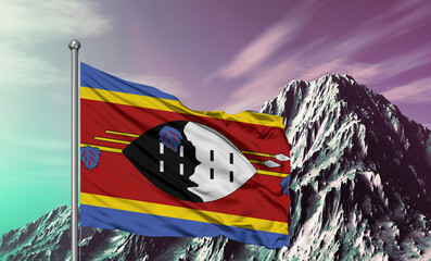 Eswatini national flag cloth fabric waving on beautiful sky mountain Background.