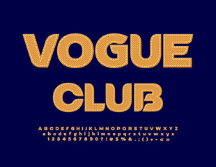 Vector denim Emblem Vogue Club. Modern artistic Font. Bright Jeans Alphabet Letters and Numbers