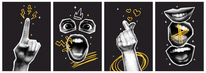 Trendy punk halftone collage posters set with retro halftone elements and naive doodle elements. Hand gestures, lips, mouth, eyes. Contemporary vector illustration. - obrazy, fototapety, plakaty