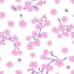 Seamless pattern of pink sakura flowerson on a white background.