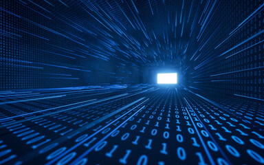 Dark blue digital cyberspace tunnel, 3d rendering.