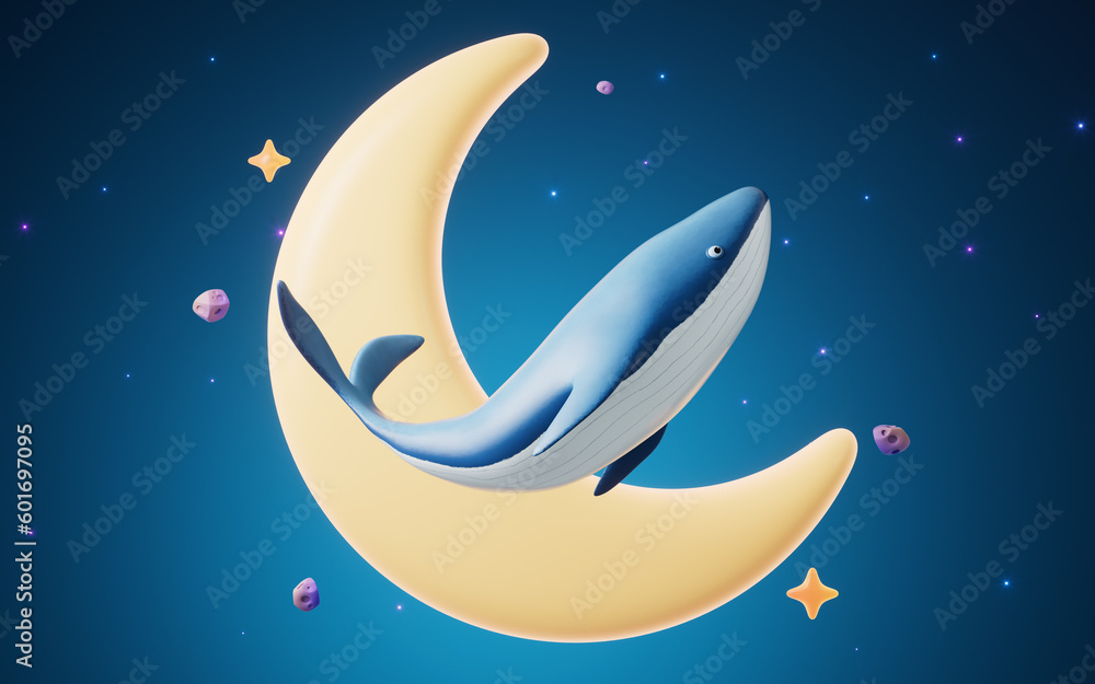 Poster whale in the outer space, 3d rendering.