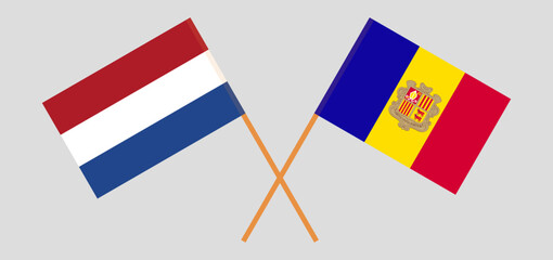 Crossed flags of the Netherlands and Andorra. Official colors. Correct proportion