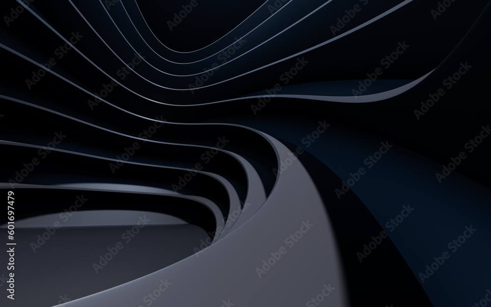 Poster dark curve geometry structure, 3d rendering.