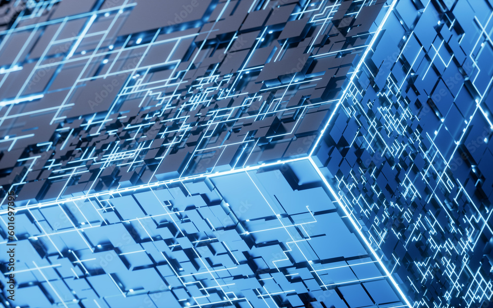 Poster abstract technology cube construction, 3d rendering.
